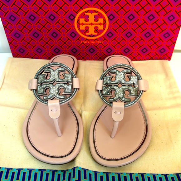NWT Tory Burch miller sandals seashell pink rhinestone encrusted logo. Size 5